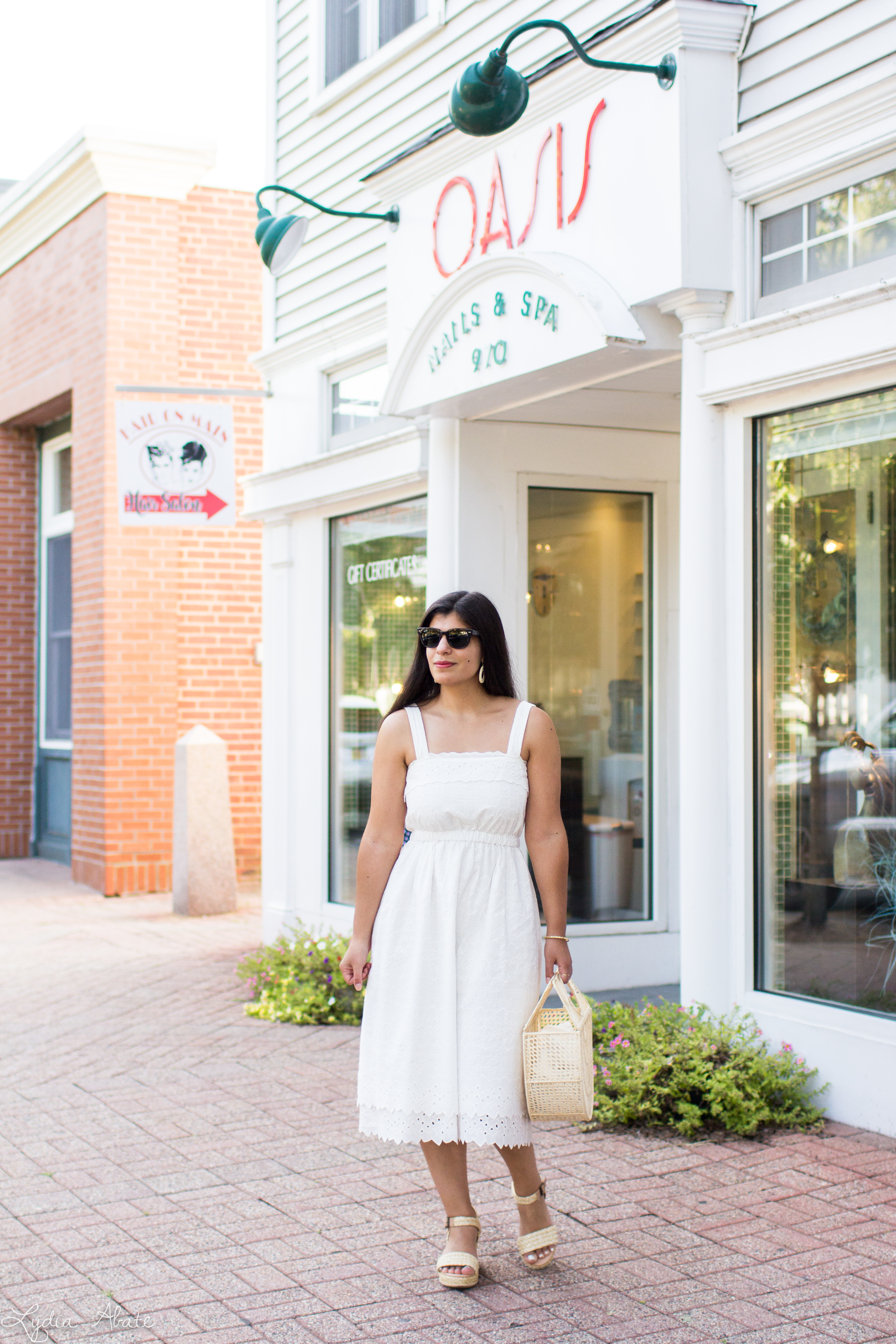 white eyelet lace dress, raffia bag, wedges-1.jpg