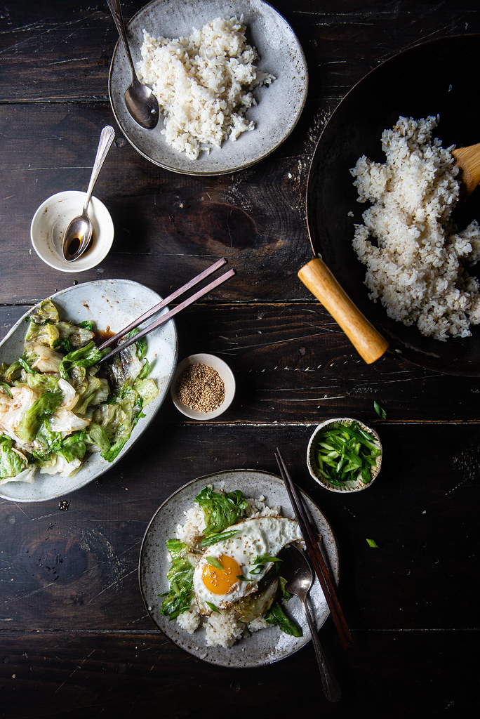 ginger fried rice with stir-fried lettuce and egg