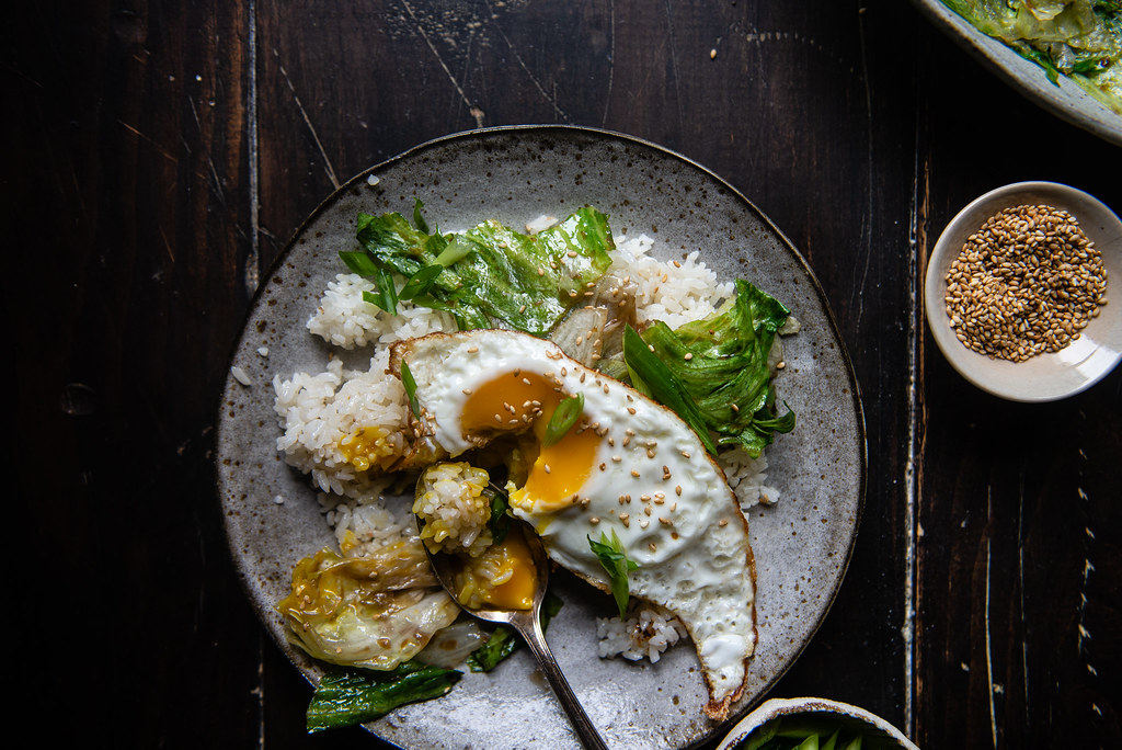 ginger fried rice with stir-fried lettuce and egg