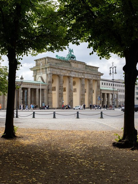 Brandenburg Gate framed by linden trees viewed from the Tiergarten