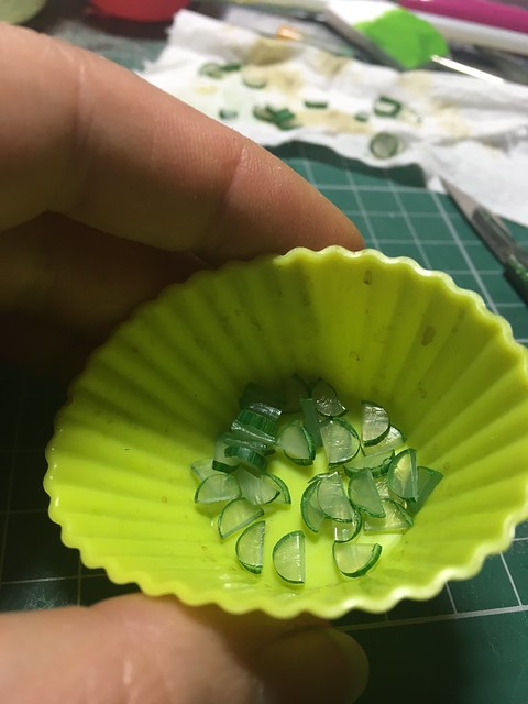 Miniature salad tutorial - Using plastic bags, vinyl gloves, markers, plastic tubing, hot glue sticks, beads, plastic covered paper clips, a bit of paint and some sellotape.