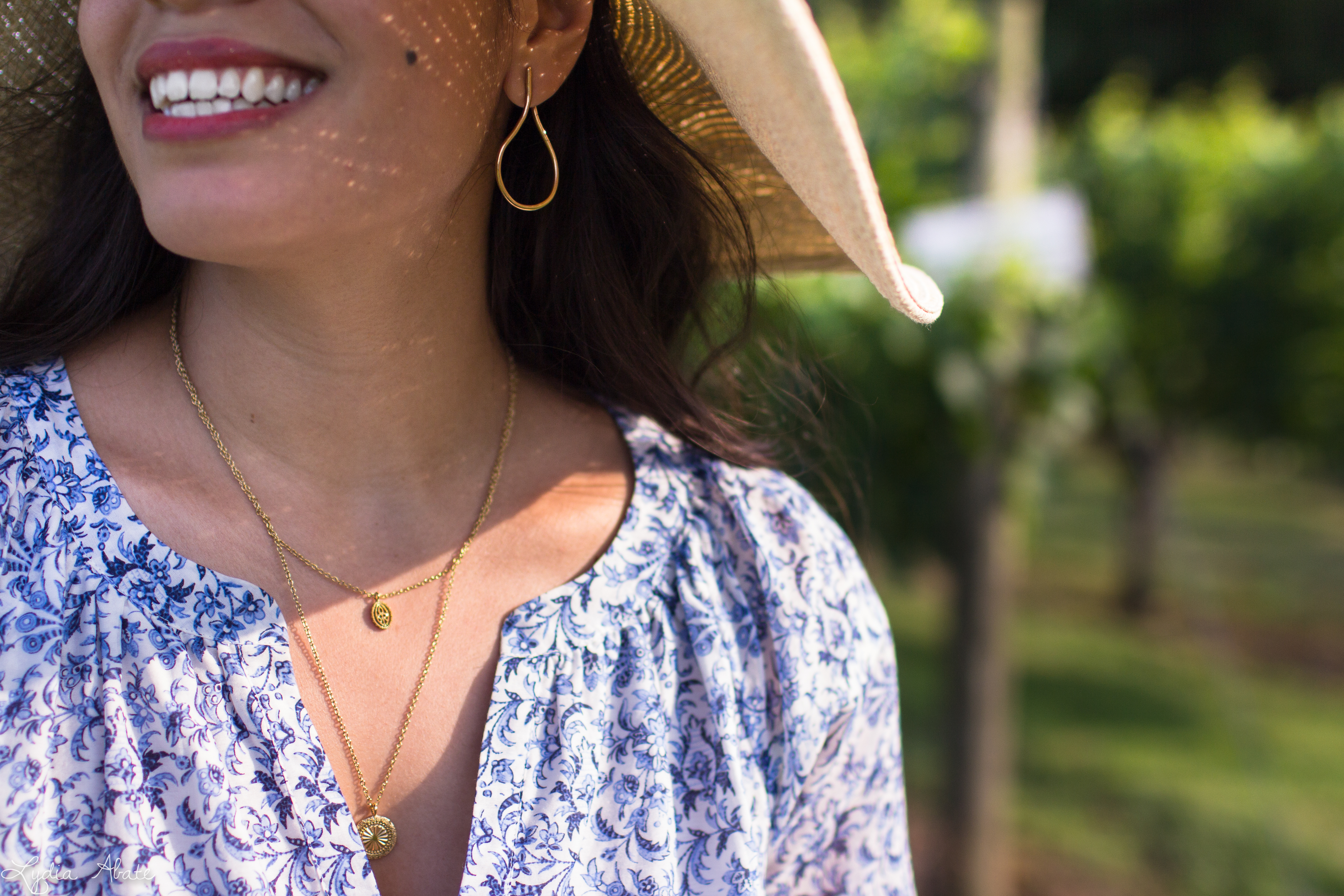 blue and white floral print tunic dress, floppy straw hat, raffia bag-8.jpg