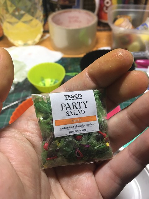 Miniature salad tutorial - Using plastic bags, vinyl gloves, markers, plastic tubing, hot glue sticks, beads, plastic covered paper clips, a bit of paint and some sellotape.