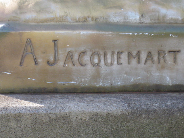 Artist's Name on the Huntsman and Dogs Bronze Statue by Henri Alfred Jacquemart - the Forest Glade Gardens; Mount Macedon Road, Mount Macedon