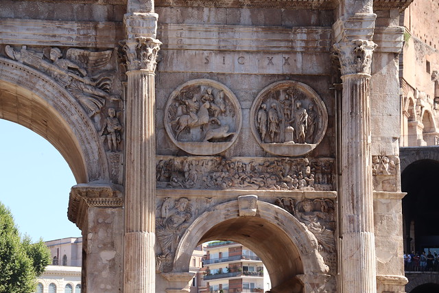 Arch of Constantine: Constantinian Frieze (3) Proelium (Battle of Milvian Bridge); Hadrianic tondos representing bear hunt and the Sacrifice to Diana