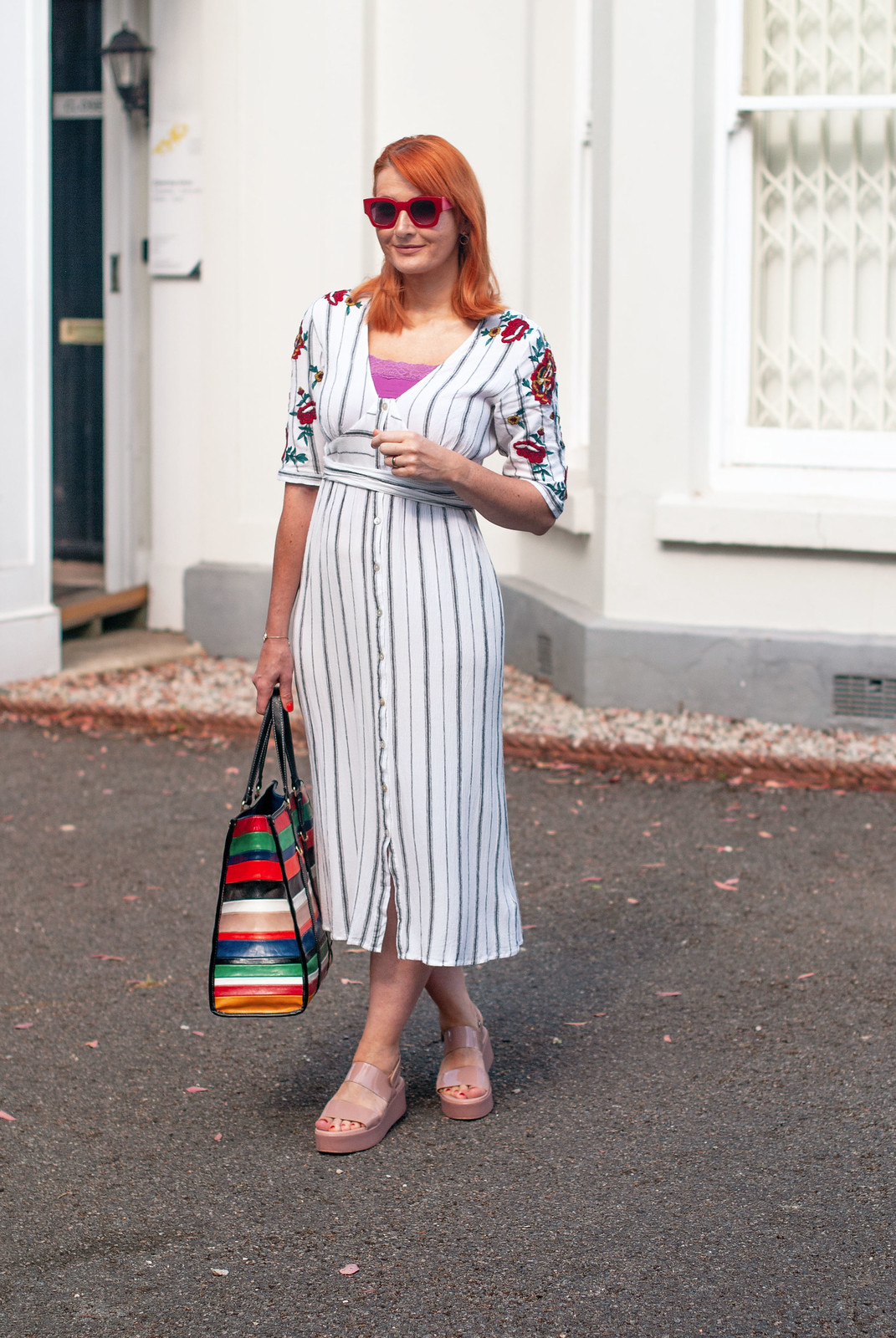 A White Summer Dress That Got All The Compliments - Embroidered Striped White Dress, Blush Pink Flatform Sandals, Striped Leather Tote | Not Dressed As Lamb, Over 40 Fashion