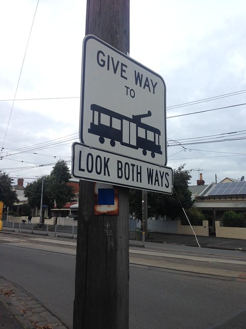 'Give way to trams' sign at Park Street roundabout, South Melbourne