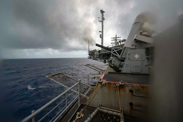 An MK15 Phalanx close-in weapons system fires aboard the USS Ronald Reagan