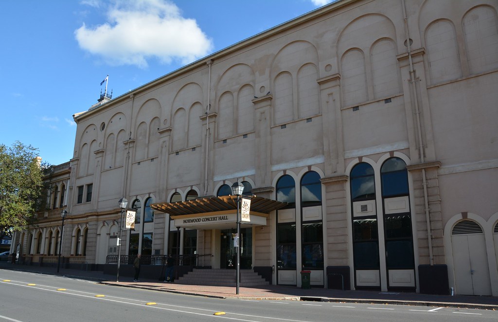 Norwood Town Hall of 1882–83 with the Norwood Concert Hall of 1914 built behind and on top of the original town hall. South Australia