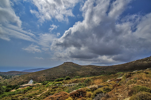 landscape outdoors day sky clouds cloudy island hills peaks church aegean andros korthi korthion greece pentaxks2 tamron