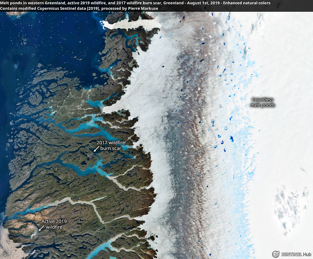Melt ponds in western Greenland, active 2019 wildfire, and 2017 wildfire burn scar, Greenland - August 1st, 2019