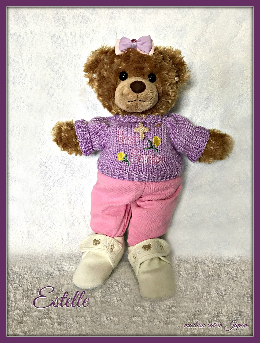 "Introducing my teddy bear whose name is Estelle. And, her name means Star."