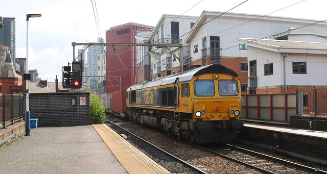 31st July 2019. GB Railfreight Class 66 EMD No. 66740 Sarah at Deansgate Station, Manchester