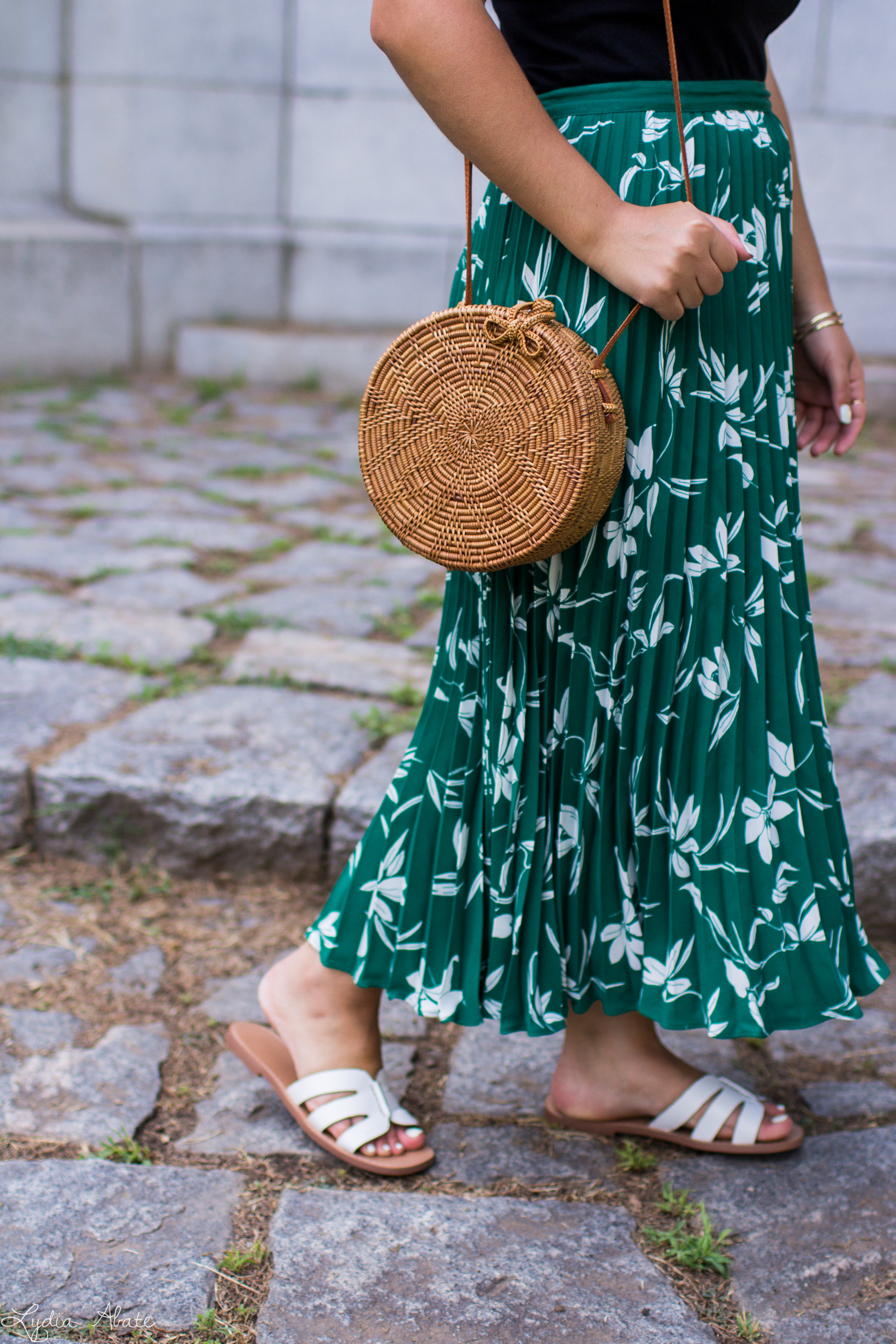 green floral midi skirt, black off the shoulder tee, round rattan bag, white sandals-11.jpg
