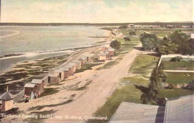 Bathing boxes on Southport beach, Gold Coast, Qld - circa 1910