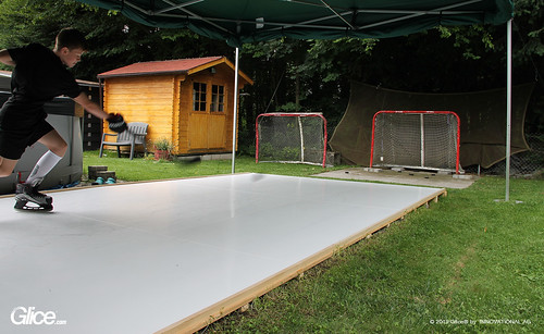 Hockey practice on Glice Pad in Swiss backyard | by Glice Eco Skating Rinks