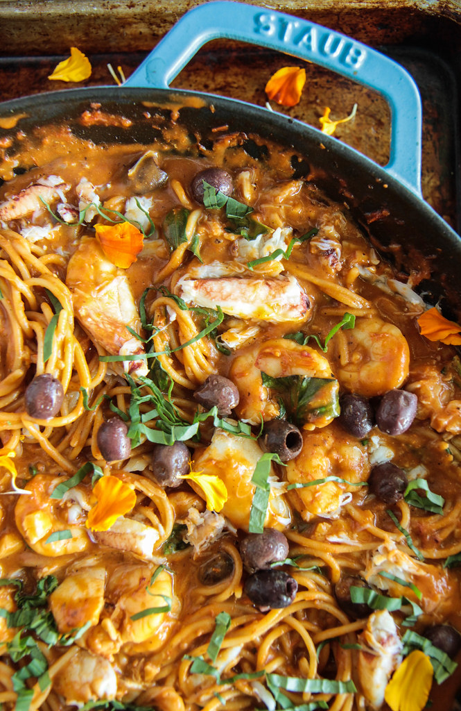 Spicy Tomato Seafood Pasta from HeatherChristo.com