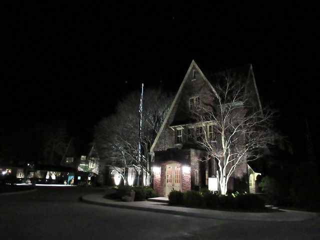 Night at The American Club, entrance to Horse & Plow pub, Kohler, Wisconsin