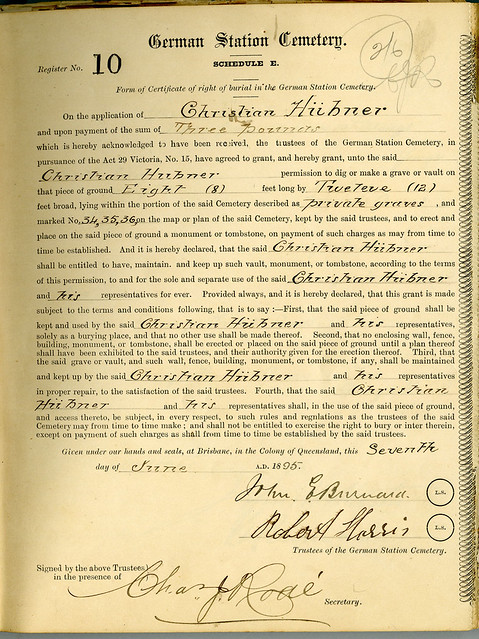 Right of burial certificate - Christian Hübner, German Station Cemetery, 7 June 1895