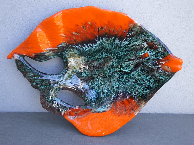 Huge 1970's French Vallauris Orange Ceramic Drip Glazed Fish Dish
