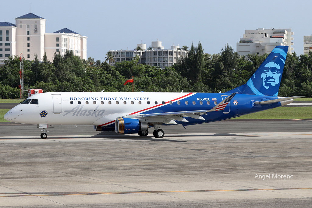 Alaska Airlines (Horizon Air), Embraer 175LR, N651QX taxiing for departure at TJSJ.