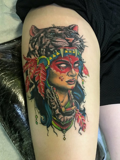Native American warrior! Half healed half freshly done. For appointments email me at, crutch623@gmail.com   For more of my work follow me on Instagram @chrishenry_tattoos