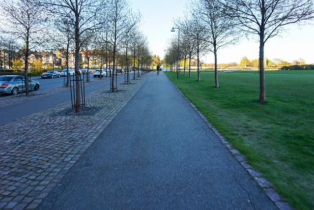 sidewalk, bike path alongside park