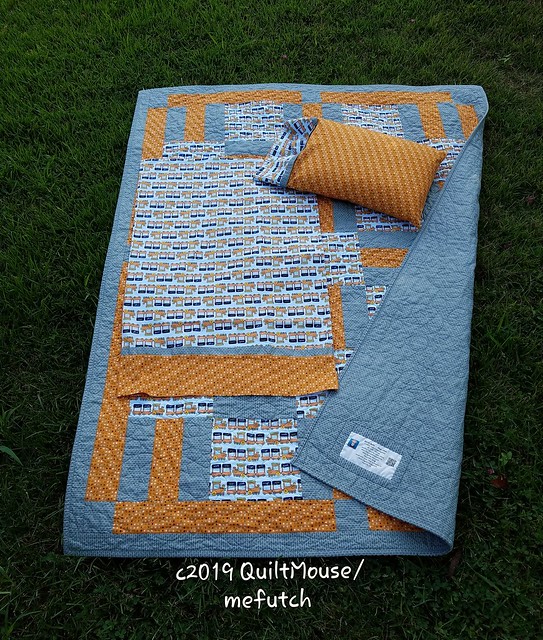 2019 A UFO finish! Quilt, Travel Pillow & Standard Pillowcase in the mail tomorrow for a special grandnephew.  @fabriccafe #PorchRails3yardquiltpattern