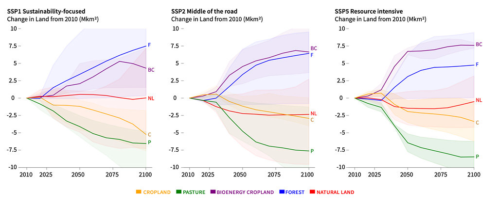 Changes, relative to 2010, in the area of land devoted to cropland (yellow), pasture (green), bioenergy crops (purple), forest (blue) and “natural land” (red) in scenarios limiting warming to 1.5C above pre-industrial temperatures. Left: SSP1. Centre: SSP2. Right: SSP5. Source: Figure SPM4A from the IPCC land report.