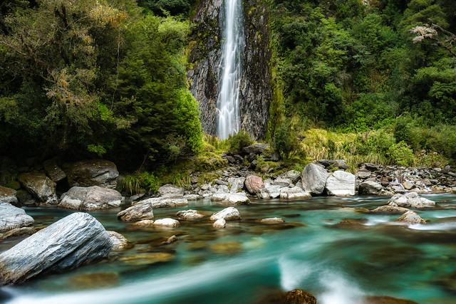 Waterfall at ThunderCreek falls in Haast Pass in New Zealand
