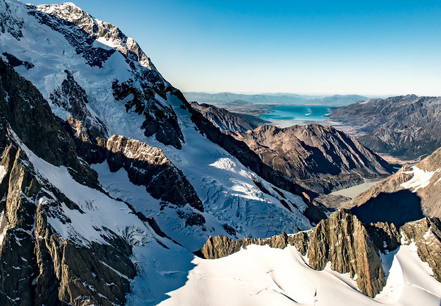 The highest peaks of New Zealand Southern Alps with Lake Pukaki in the distance