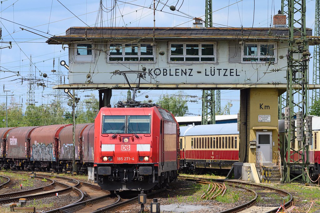 Starting the journey ... Deutsche Bahn 185 271-4 with a cargo train in Koblenz Luetzel, Germany