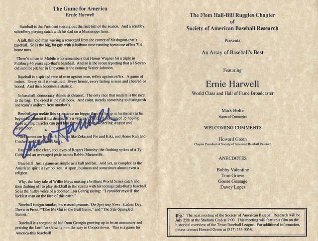 May 15, 1991, Ernie Harwell Luncheon featuring Ernie Harwell - autographed program