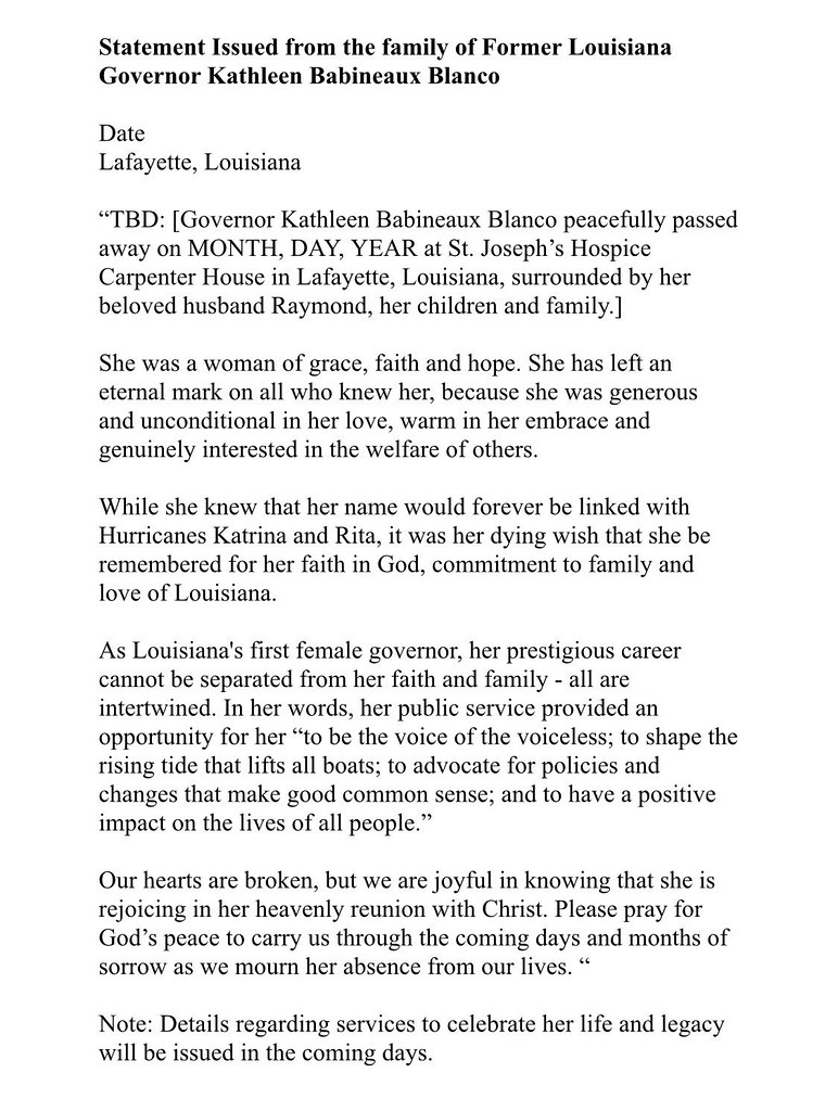 Statement from Kathleen Blanco's family on her passing