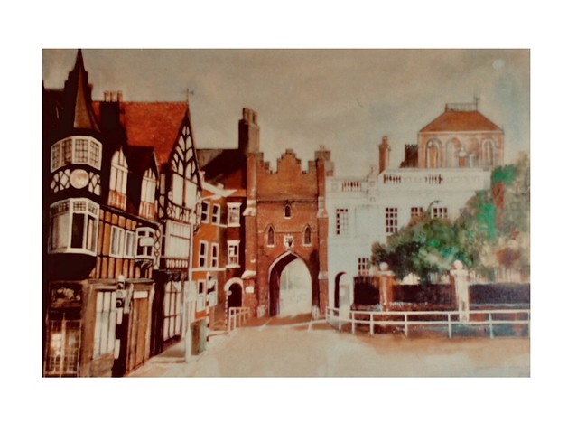 Beverley Bar . oil on canvas , painted by jmsw in his early teens . Beverley East Yorkshire 196l/2. Not placed in any groups. Just here for Fun.