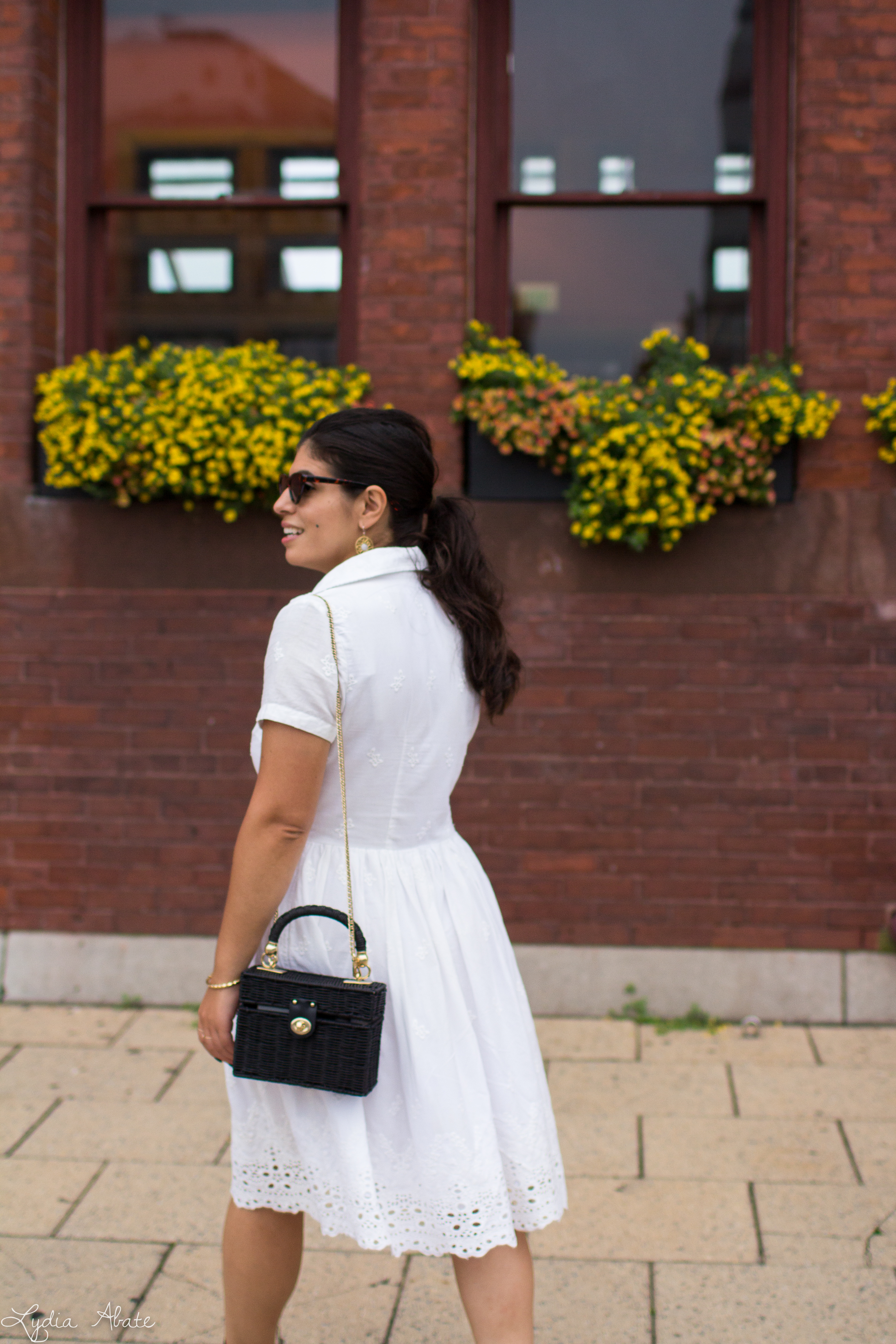 white eyelet lace shirt dress, black sandals, straw bag-10.jpg