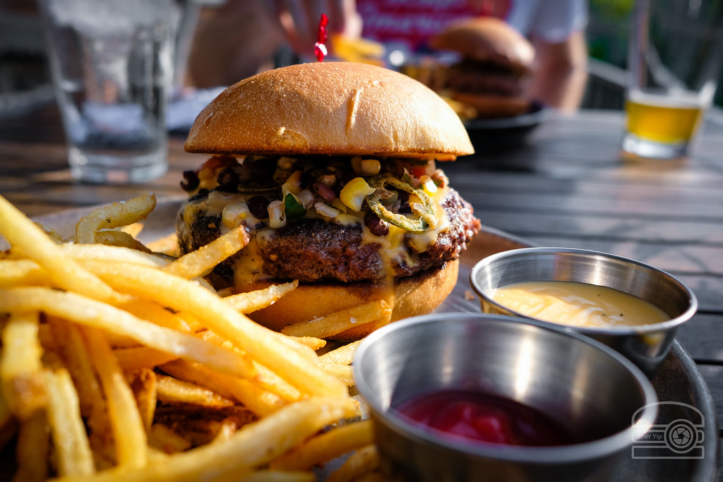 Burger w/ Queso, Black Bean Salsa, Fried Jalapeno - Table 9