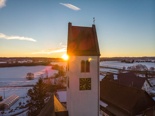 Sunrise by stefan.bayer, sun sonne sunrise sonnenaufgang kirchturm church tower flight sb dji sky clouds