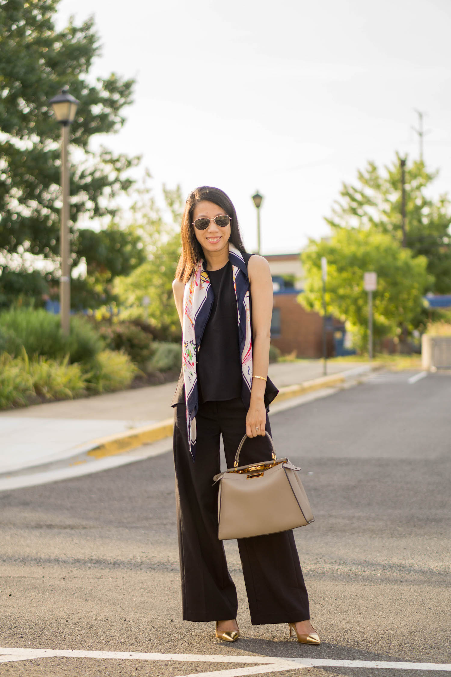 printed silky scarf, Ann Taylor black seamed shell, Ann Taylor black wide leg pants, Fendi regular peekaboo in dove gray, Tory Burch Penelope metallic cap-toe slingback pump in deep vicuna/gold