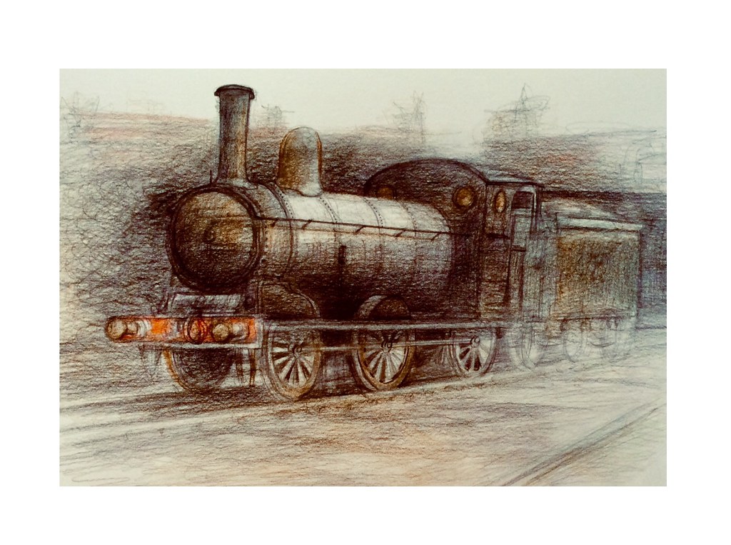 Victorian steam engine. Coloured pencil drawing on white card by jmsw