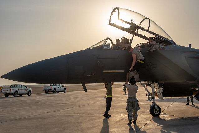 McDonnell Douglas (now Boeing) F-15E Strike Eagles arrive at ADAB