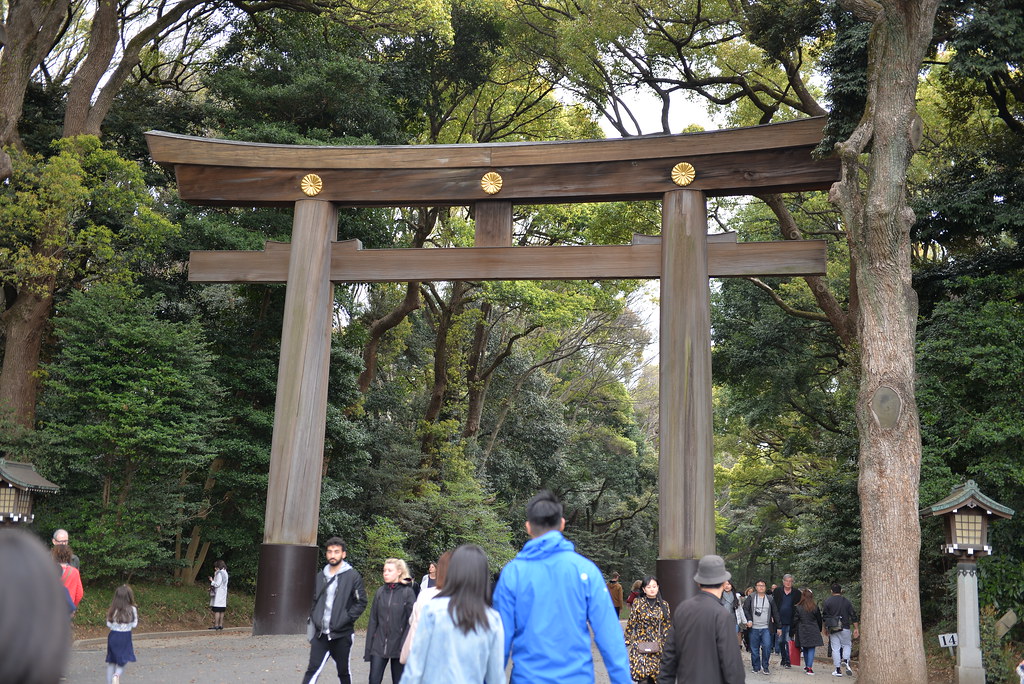 Formidable wooden gate leading to the Meiji shrine