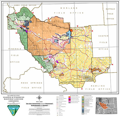 A map showing BLM Wyoming administered areas of legal public access in the Lander Field Office