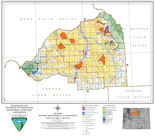 A map showing BLM Wyoming administered areas of legal public access in the Worland Field OFfice