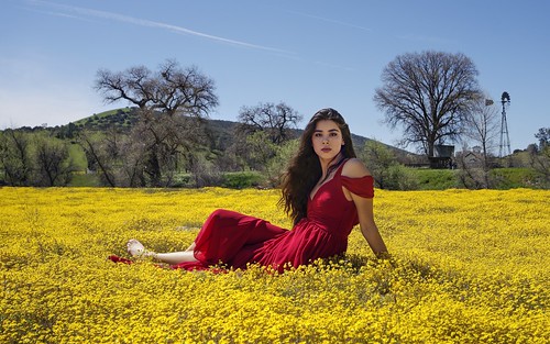 wilsoncorner creston california usa field pasture flowers bloom superbloom californiasuperbloom yellow woman portrait dress red reddress landscape sky tree windmill countryside outdoor clear day sony a6000 selp1650 raw photomatix hdr qualityhdr qualityhdrphotography 2xp fav200