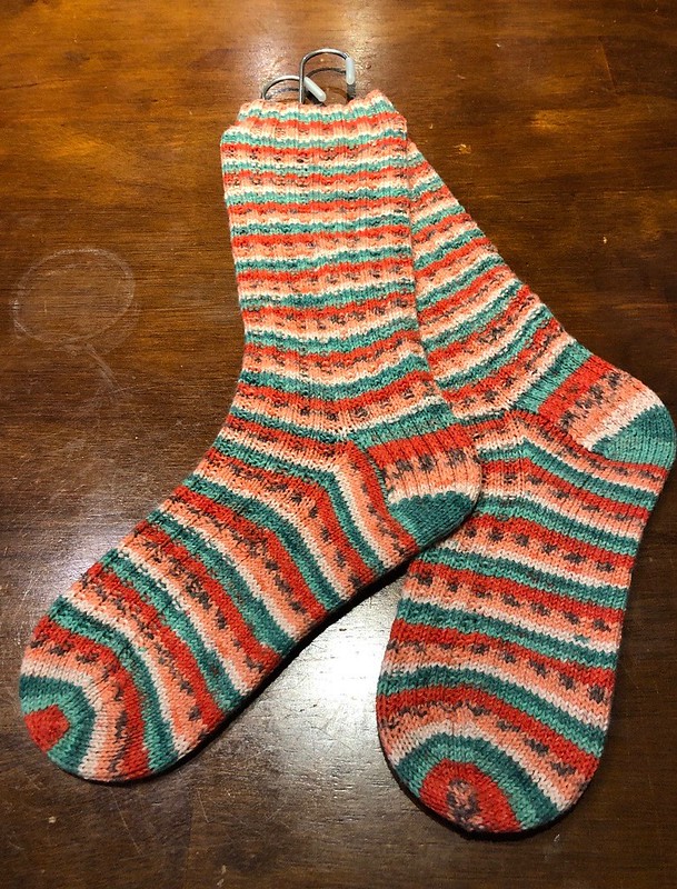 Judy’s socks knit using Regis 4 Ply Tutti Frutti in Watermelon - non-wool socks!!