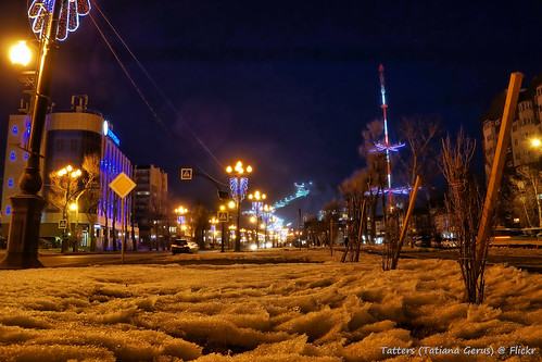 russia sakhalin winter snow city night street easyhdr yuzhnosakhalinsk avenue lights