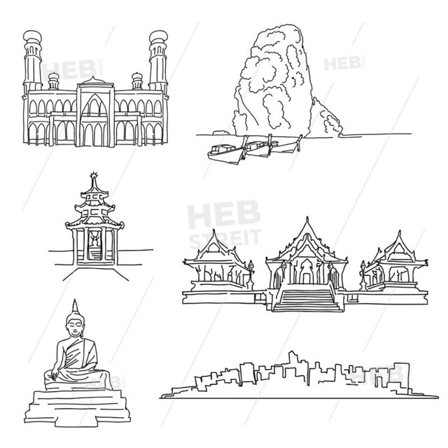 Thailand famous outline landmarks