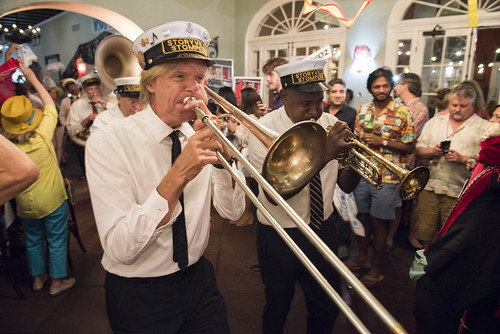 Storyville Stompers lead the second line at the WWOZ Groove Gala at Tableau and Le Petit Theatre in New Orleans on September 5, 2019. Photo by Ryan Hodgson-Rigsbee RHRphoto.com