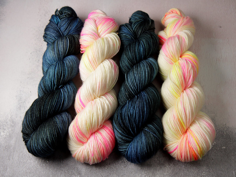 It's a Stitch Up Favourite Sock yarn in 'Inky' and 'Sunset Beach'